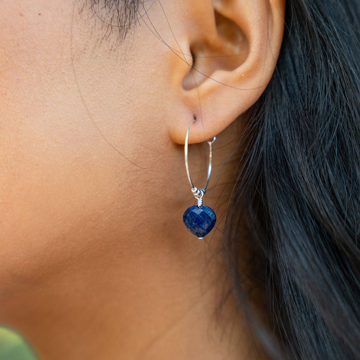 Custom Crystal Heart Dangle Hoop Earrings - Custom Crystal Heart Dangle Hoop Earrings - Sterling Silver / 15mm - Luna Tide Handmade Crystal Jewellery