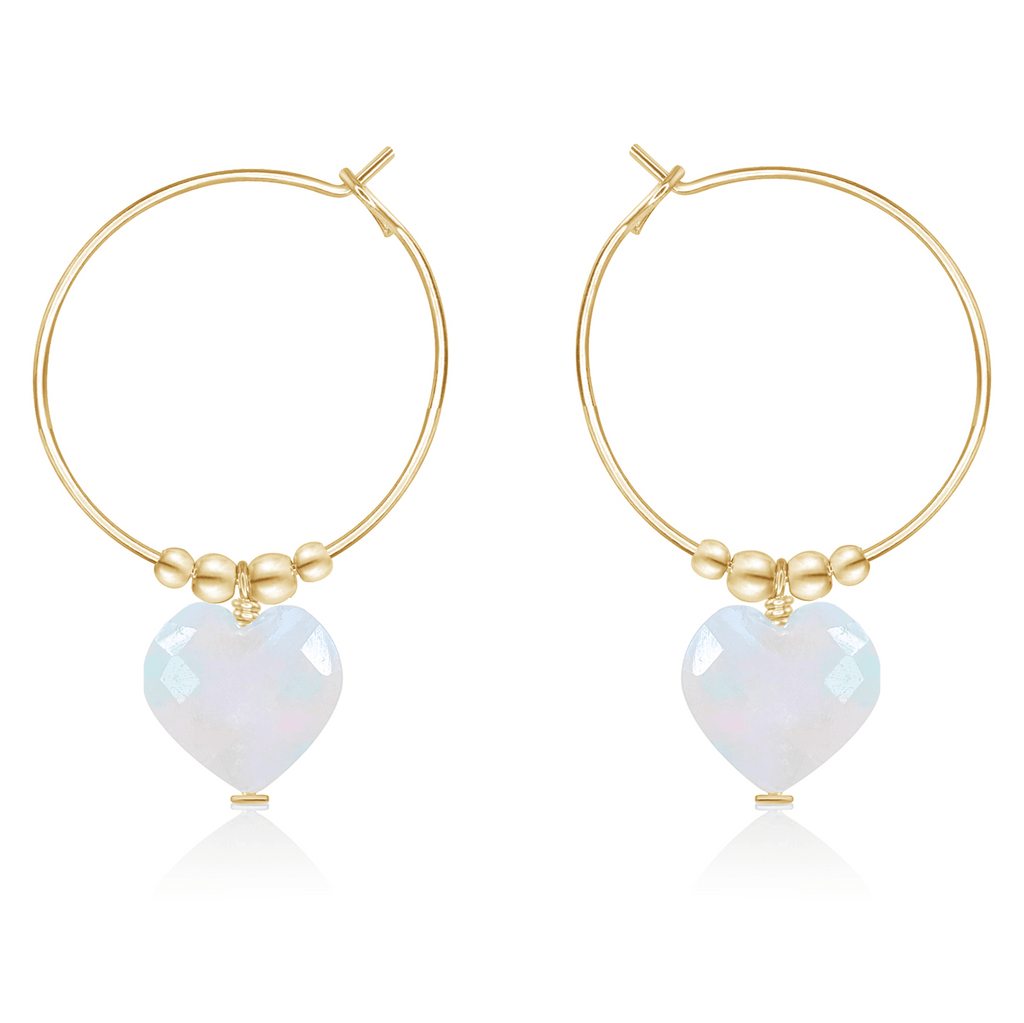 Rainbow Moonstone Crystal Heart Dangle Hoop Earrings - Rainbow Moonstone Crystal Heart Dangle Hoop Earrings - 14k Gold Fill - Luna Tide Handmade Crystal Jewellery