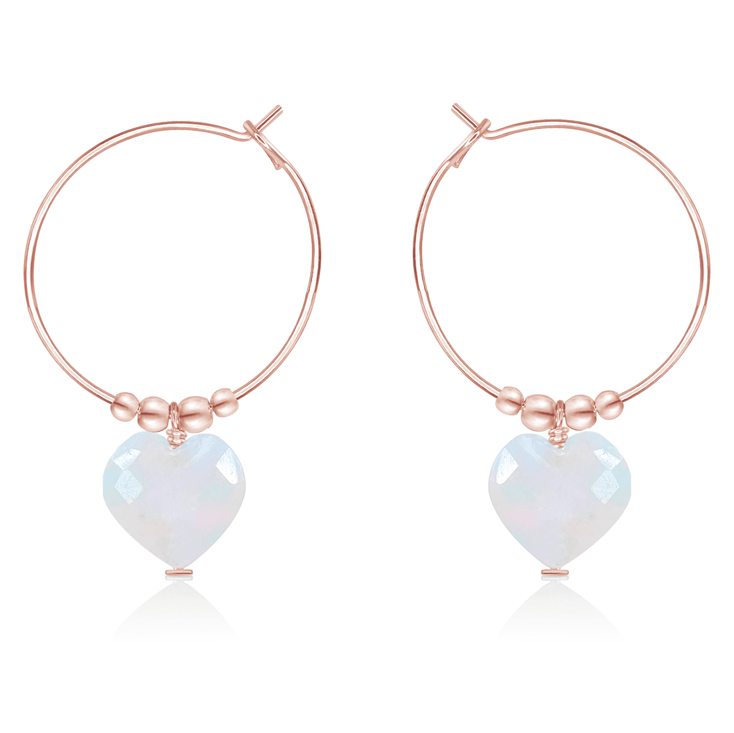 Rainbow Moonstone Crystal Heart Dangle Hoop Earrings - Rainbow Moonstone Crystal Heart Dangle Hoop Earrings - 14k Rose Gold Fill - Luna Tide Handmade Crystal Jewellery