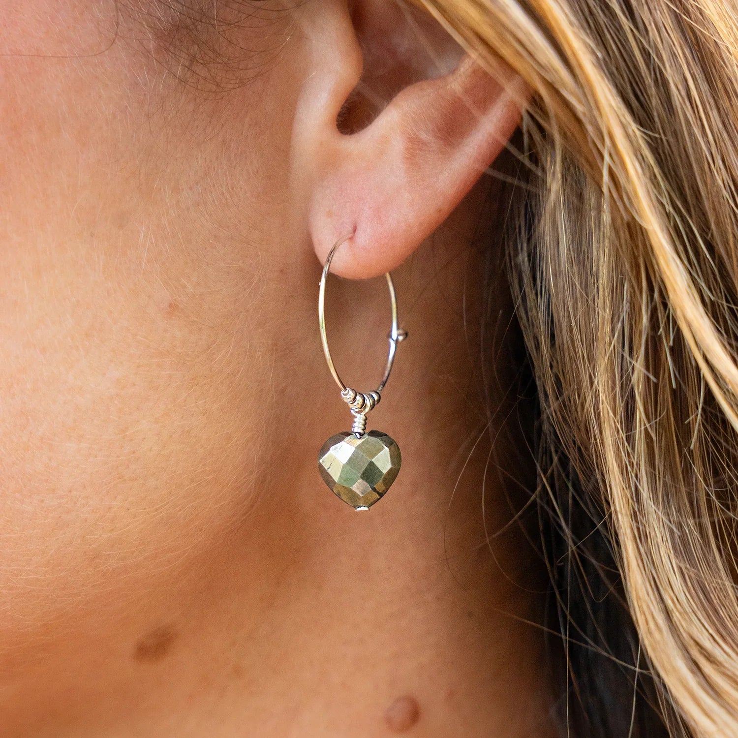 Pyrite Crystal Heart Dangle Hoop Earrings