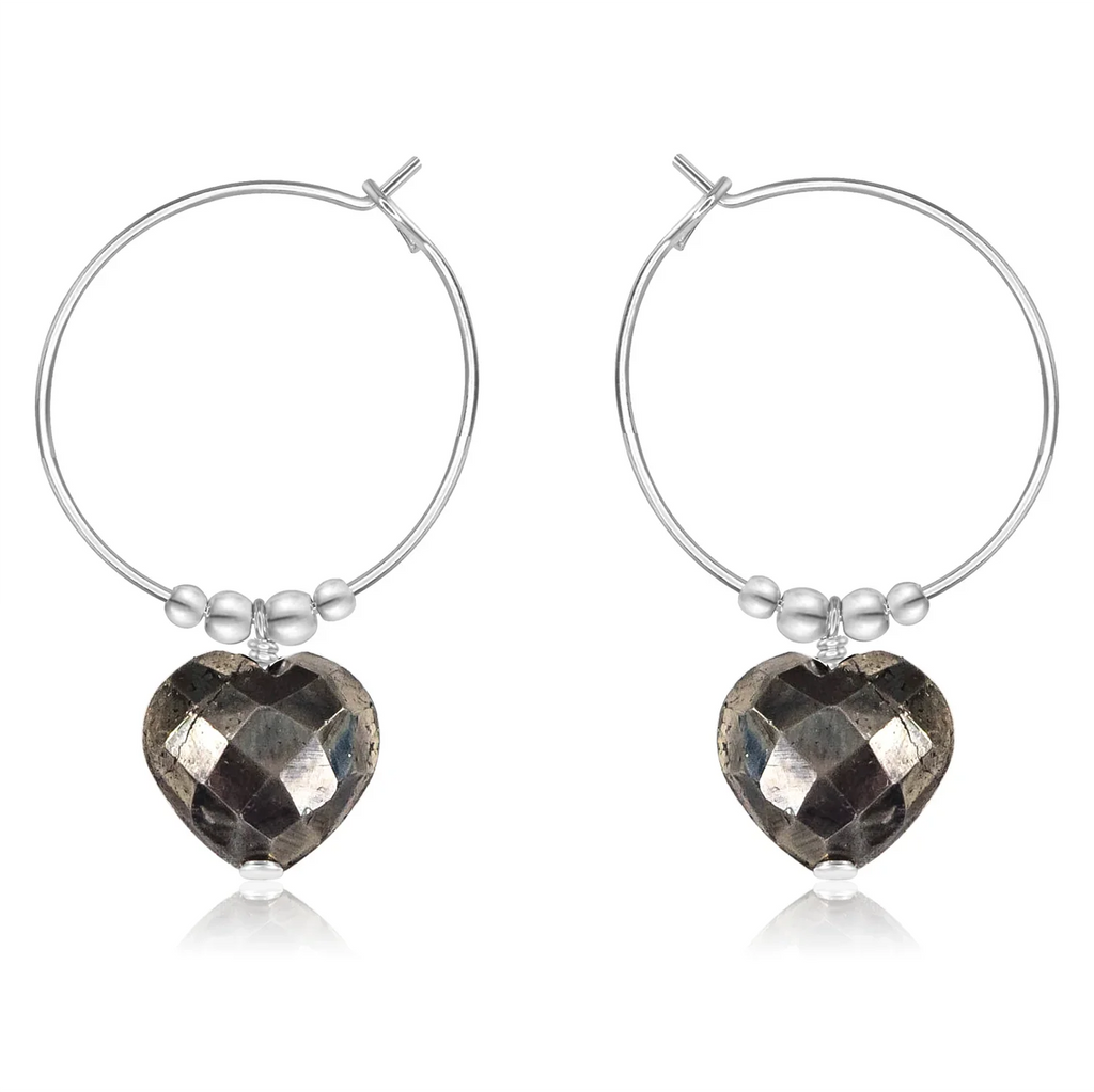 Pyrite Crystal Heart Dangle Hoop Earrings