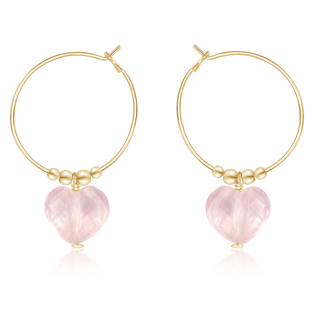 Rose Quartz Crystal Heart Dangle Hoop Earrings - Rose Quartz Crystal Heart Dangle Hoop Earrings - 14k Gold Fill - Luna Tide Handmade Crystal Jewellery