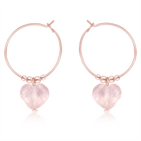 Rose Quartz Crystal Heart Dangle Hoop Earrings - Rose Quartz Crystal Heart Dangle Hoop Earrings - 14k Rose Gold Fill - Luna Tide Handmade Crystal Jewellery