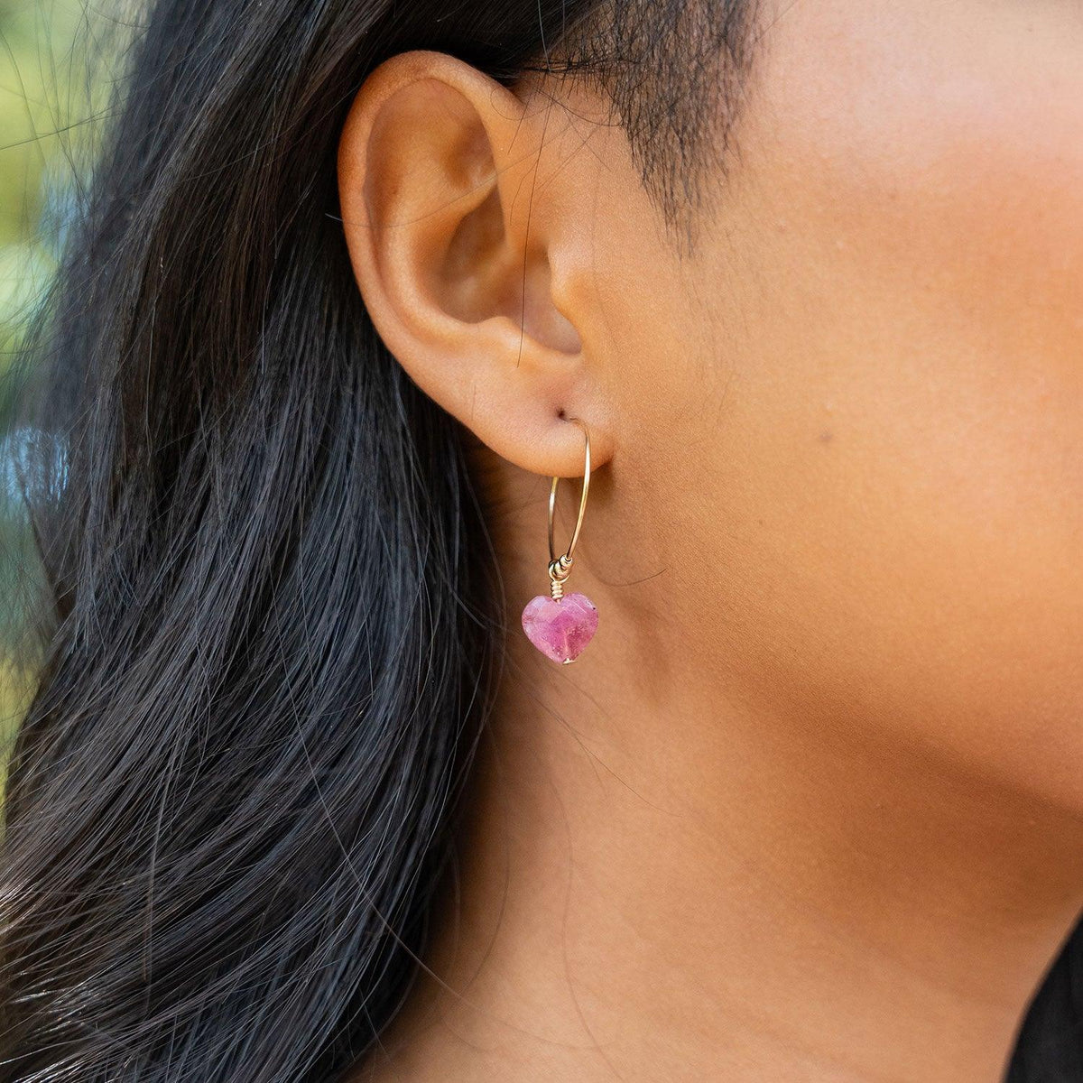 Ruby Crystal Heart Dangle Hoop Earrings - Ruby Crystal Heart Dangle Hoop Earrings - 14k Gold Fill - Luna Tide Handmade Crystal Jewellery