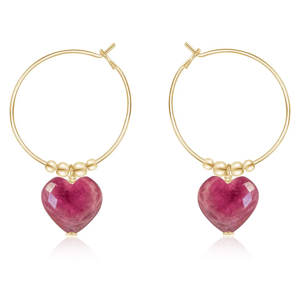 Ruby Crystal Heart Dangle Hoop Earrings - Ruby Crystal Heart Dangle Hoop Earrings - 14k Gold Fill - Luna Tide Handmade Crystal Jewellery