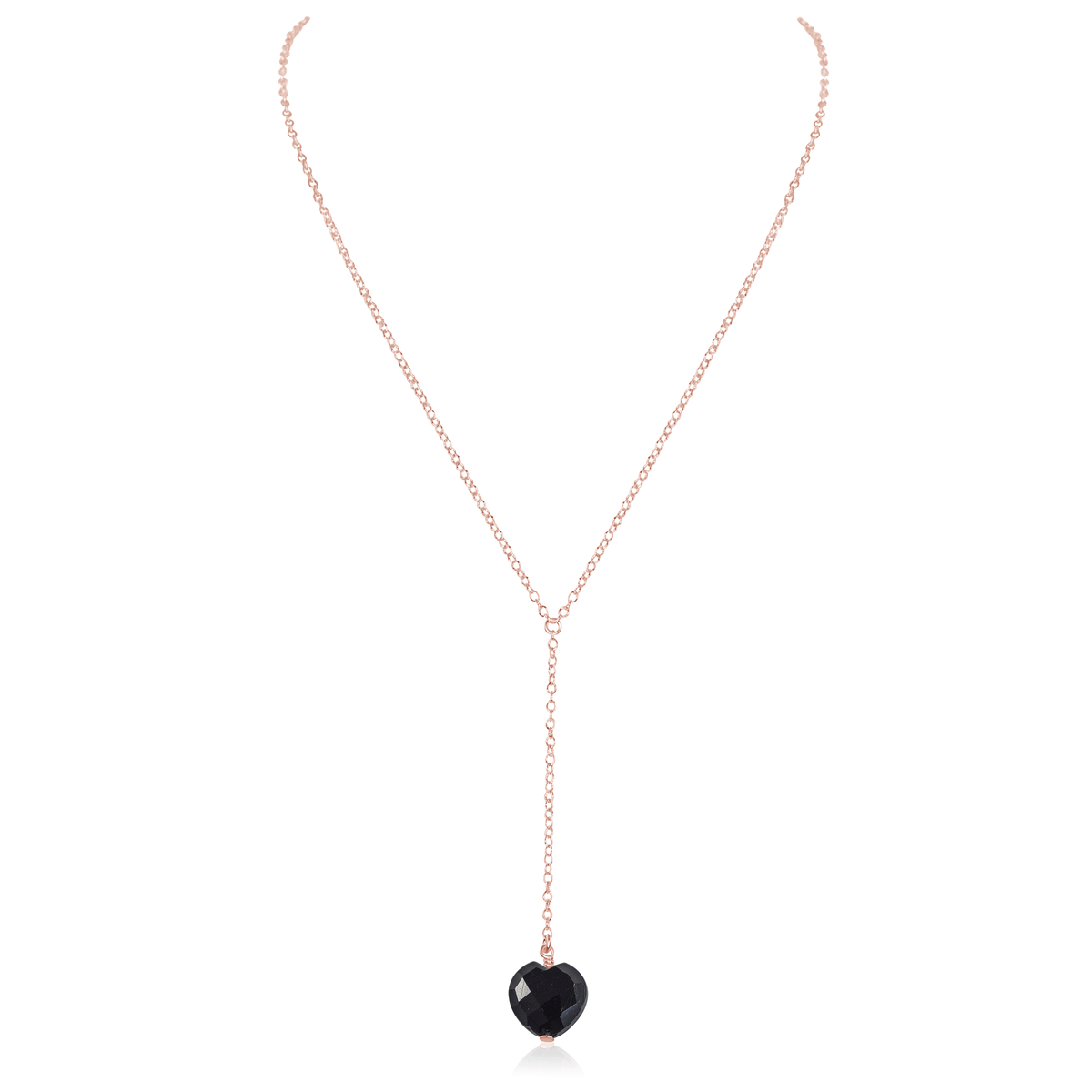 Black Onyx Crystal Heart Lariat Necklace - Black Onyx Crystal Heart Lariat Necklace - 14k Rose Gold Fill - Luna Tide Handmade Crystal Jewellery