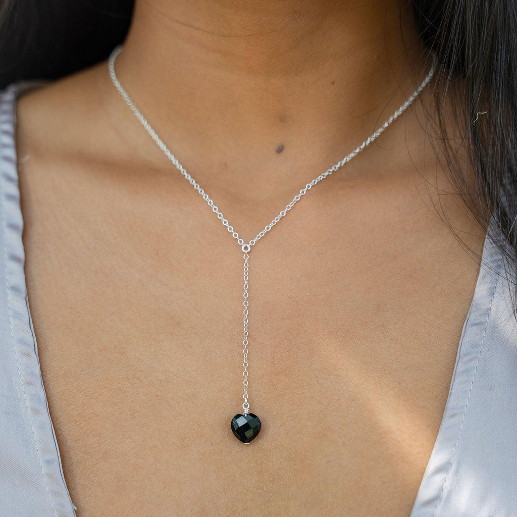 Black Onyx Crystal Heart Lariat Necklace - Black Onyx Crystal Heart Lariat Necklace - Sterling Silver - Luna Tide Handmade Crystal Jewellery