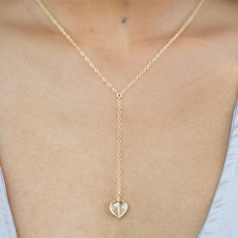 Citrine Crystal Heart Lariat Necklace - Citrine Crystal Heart Lariat Necklace - 14k Gold Fill - Luna Tide Handmade Crystal Jewellery