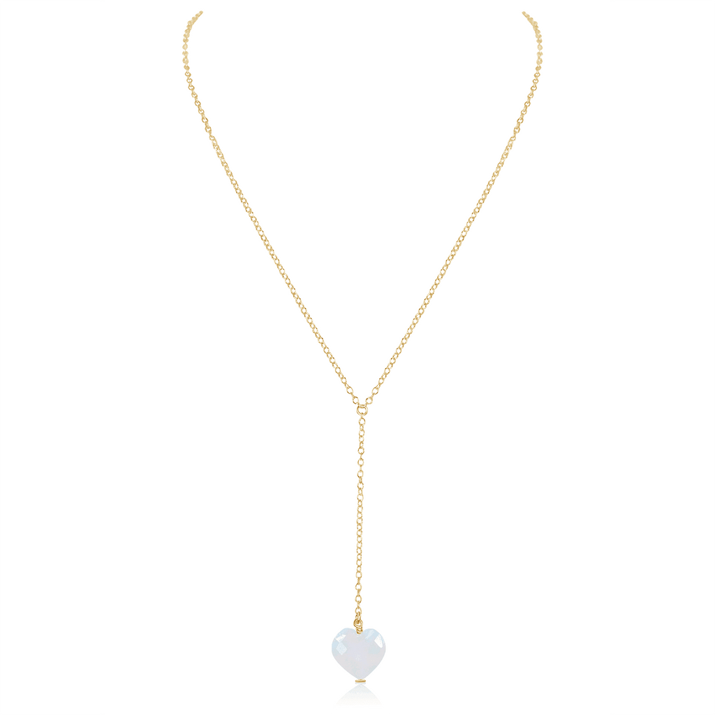 Rainbow Moonstone Crystal Heart Lariat Necklace - Rainbow Moonstone Crystal Heart Lariat Necklace - 14k Gold Fill - Luna Tide Handmade Crystal Jewellery