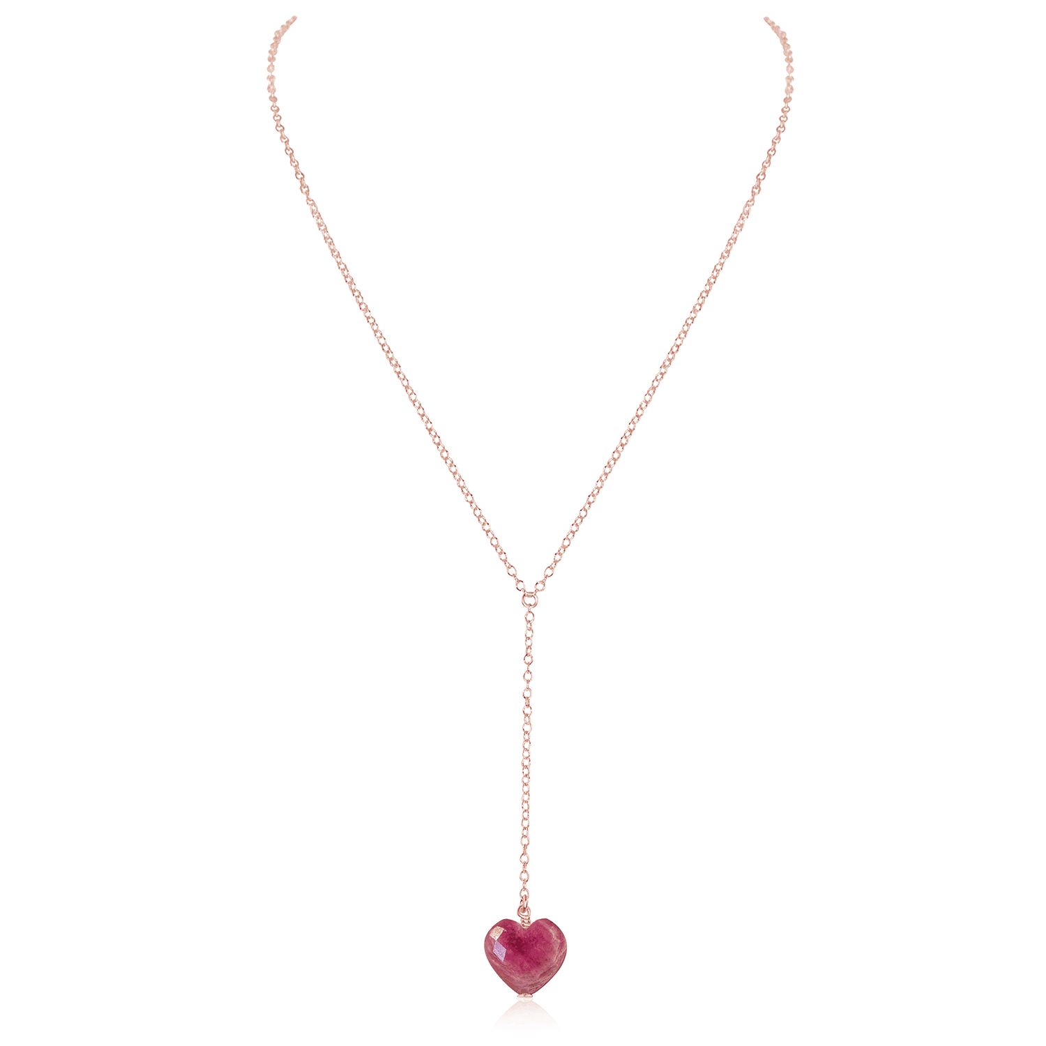 Ruby Crystal Heart Lariat Necklace - Ruby Crystal Heart Lariat Necklace - 14k Rose Gold Fill - Luna Tide Handmade Crystal Jewellery