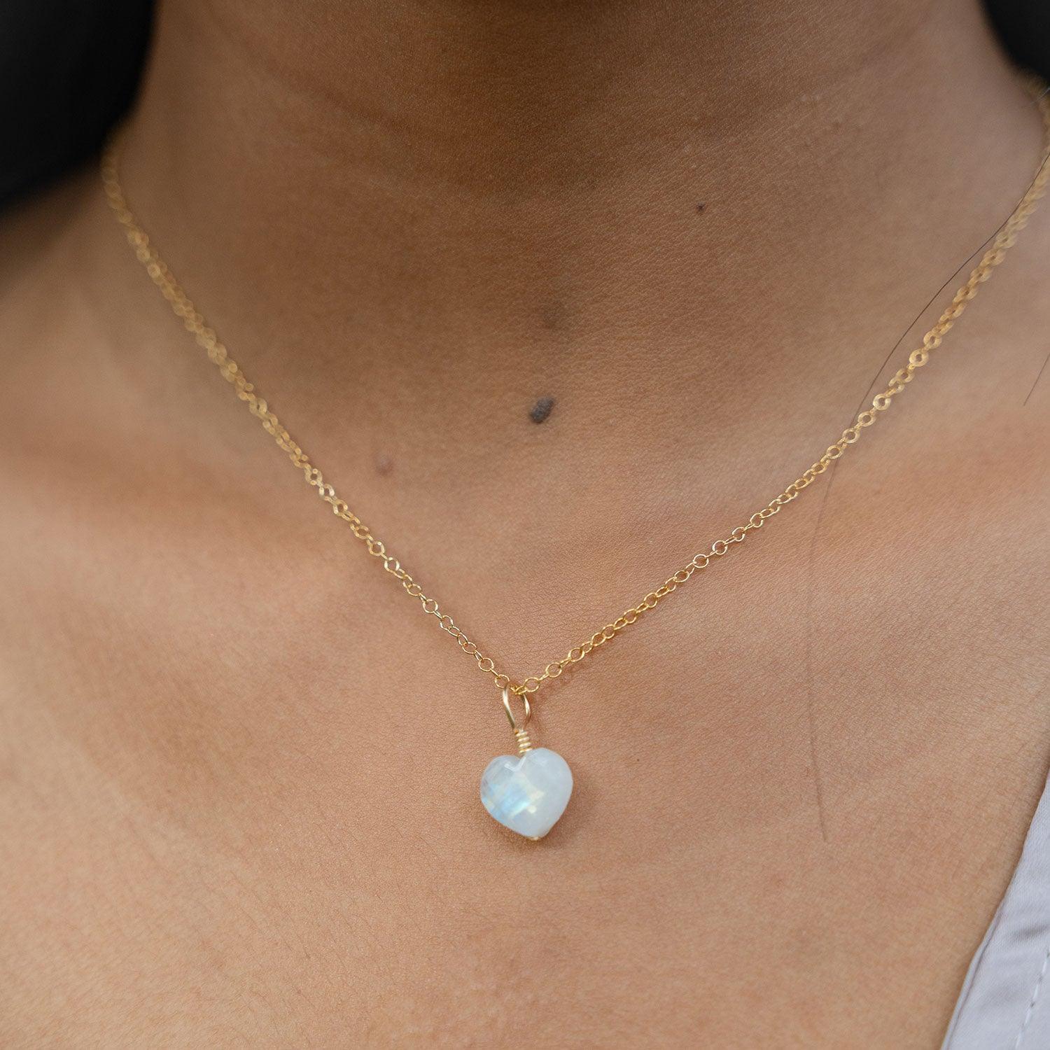 Rainbow Moonstone Crystal Heart Pendant Necklace - Rainbow Moonstone Crystal Heart Pendant Necklace - 14k Gold Fill / Cable - Luna Tide Handmade Crystal Jewellery