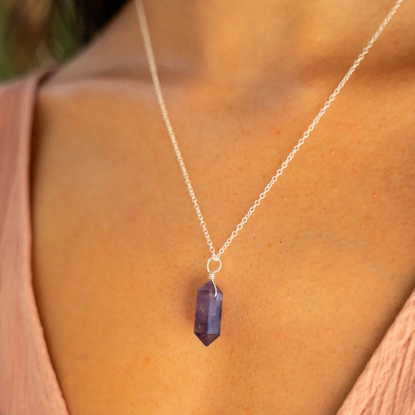 Large Double Terminated Amethyst Crystal Pendant Necklace