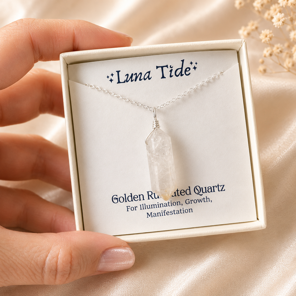 Large Double Terminated Golden Rutilated Quartz Crystal Pendant Necklace