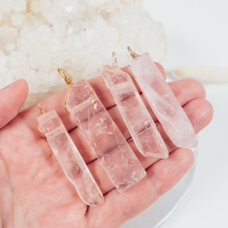 Polished Raw Natural Rose Quartz Crystal Slice Point Pendant