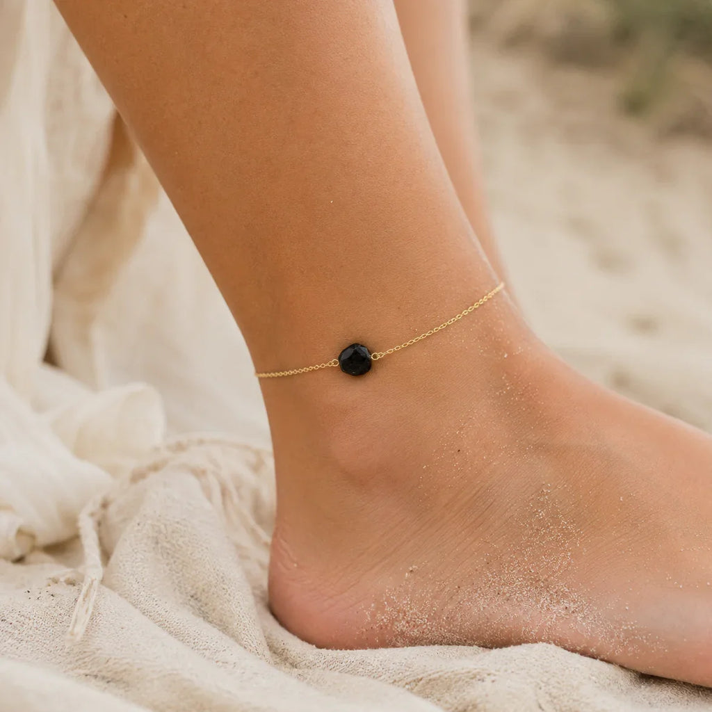 Raw Obsidian Crystal Nugget Anklet - Raw Obsidian Crystal Nugget Anklet - 14k Gold Fill - Luna Tide Handmade Crystal Jewellery