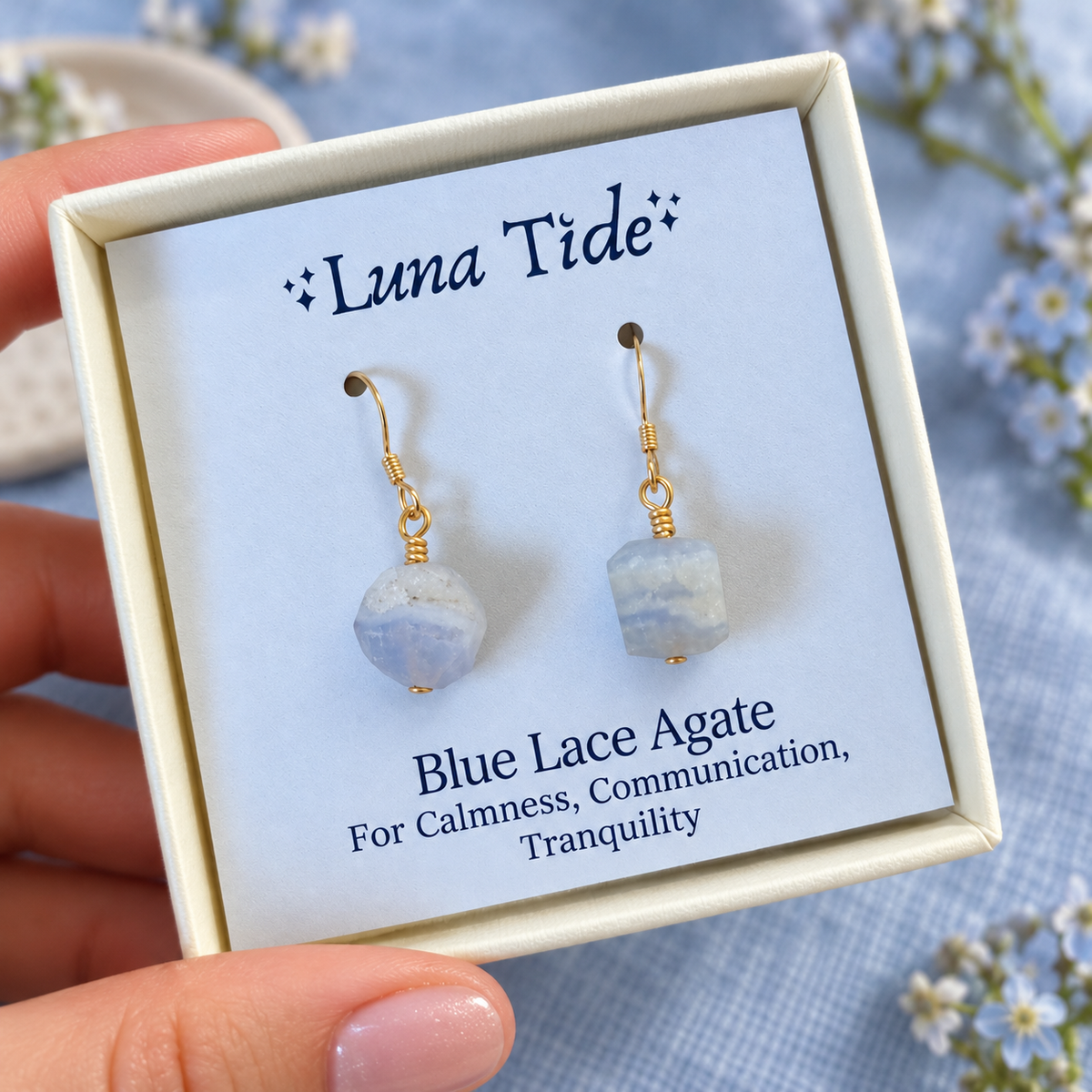Raw Blue Lace Agate Crystal Dangle Drop Earrings