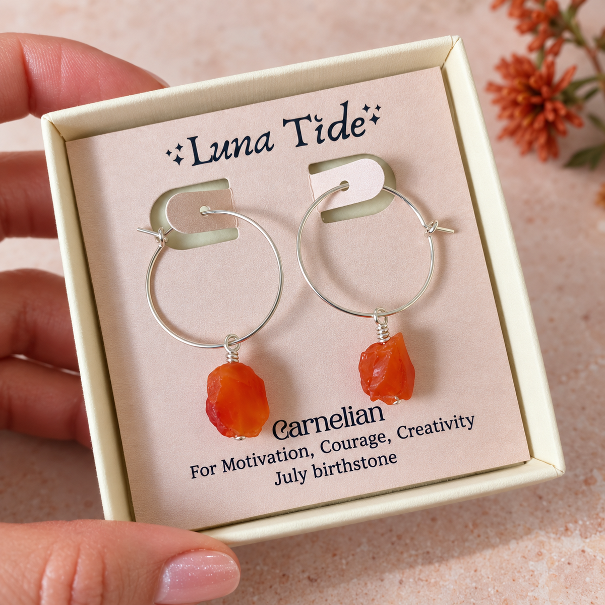 Raw Carnelian Gemstone Dangle Hoop Earrings