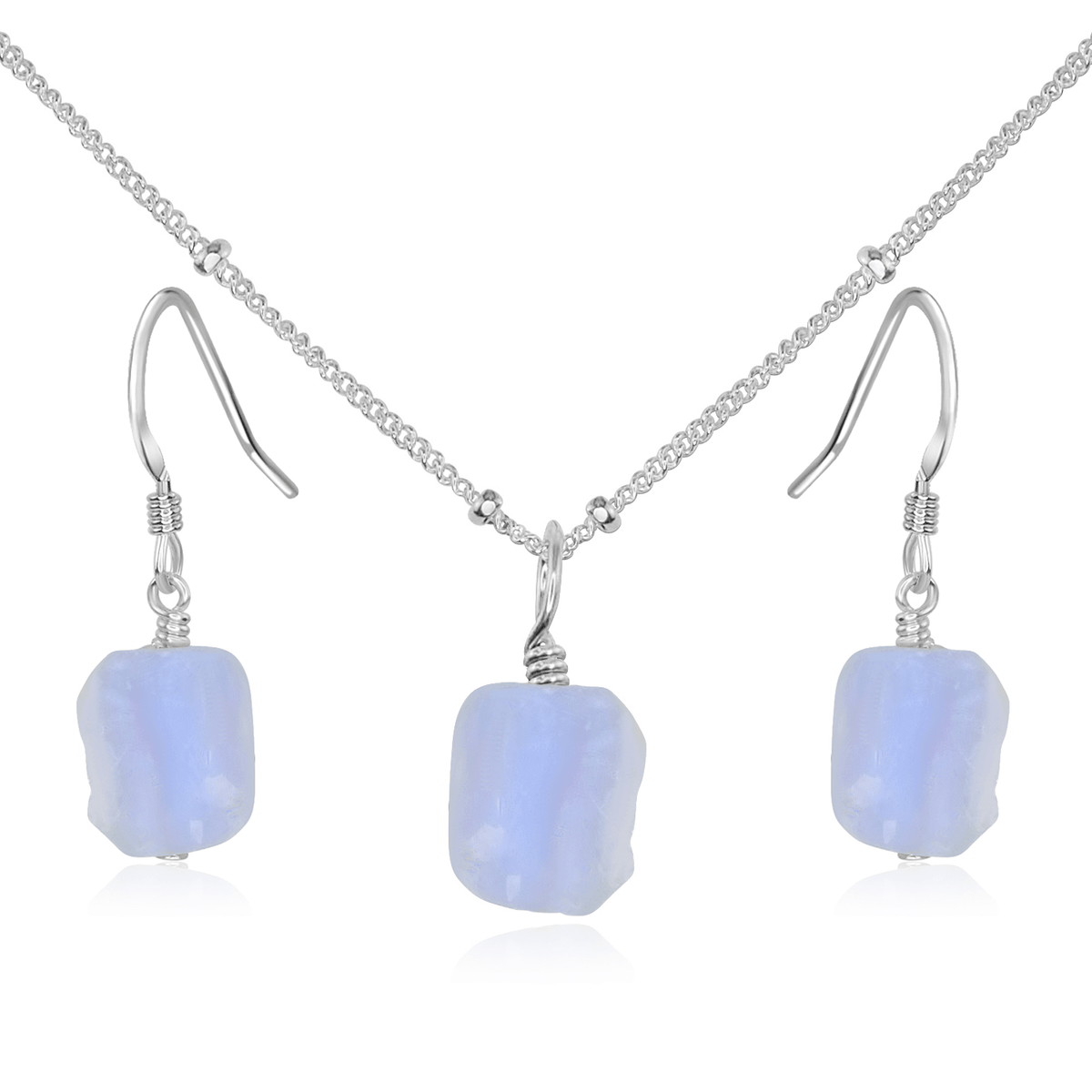 Raw Blue Lace Agate Crystal Earrings & Necklace Set - Raw Blue Lace Agate Crystal Earrings & Necklace Set - Sterling Silver / Satellite - Luna Tide Handmade Crystal Jewellery