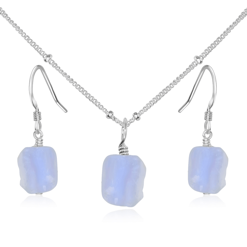 Raw Blue Lace Agate Crystal Earrings & Necklace Set - Raw Blue Lace Agate Crystal Earrings & Necklace Set - Sterling Silver / Satellite - Luna Tide Handmade Crystal Jewellery