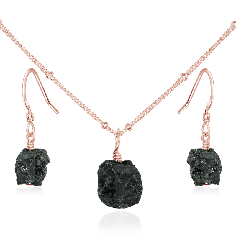 Raw Black Tourmaline Crystal Earrings & Necklace Set