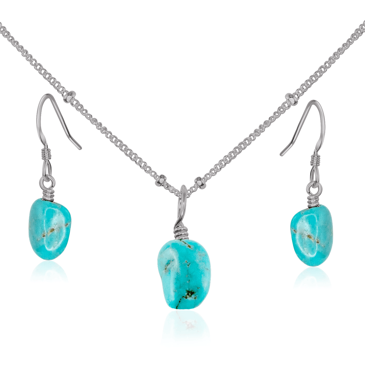 Raw Turquoise Crystal Earrings & Necklace Set - Raw Turquoise Crystal Earrings & Necklace Set - Stainless Steel / Satellite - Luna Tide Handmade Crystal Jewellery
