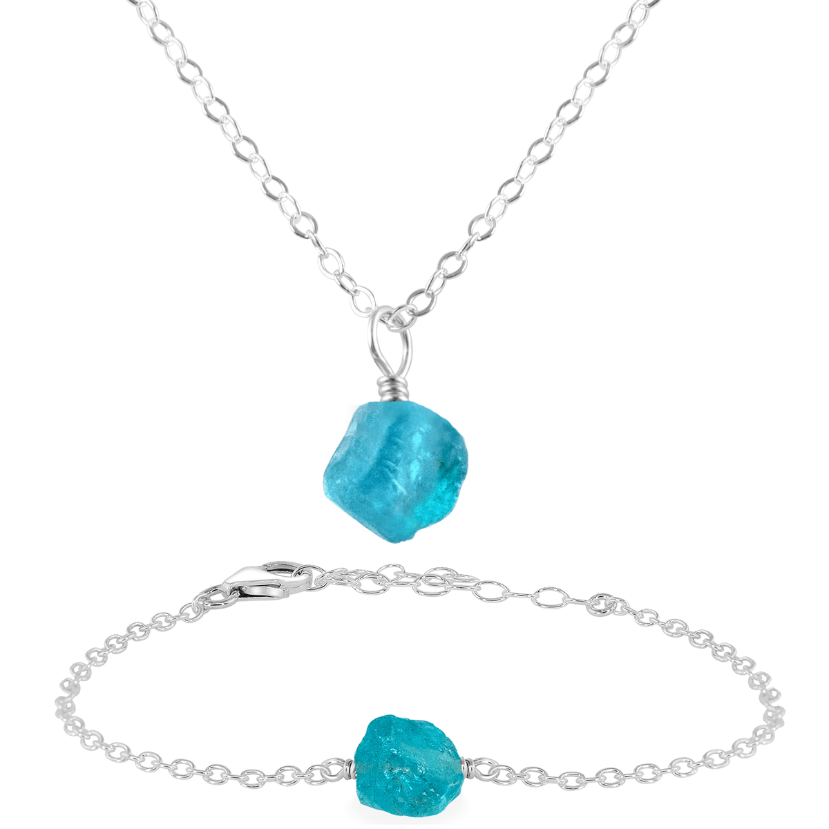 Raw Apatite Crystal Earrings & Necklace Set - Raw Apatite Crystal Earrings & Necklace Set - Sterling Silver / Cable / Necklace & Bracelet - Luna Tide Handmade Crystal Jewellery
