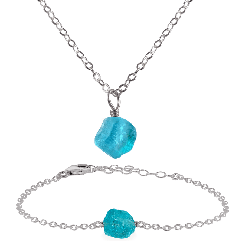 Raw Apatite Crystal Earrings & Necklace Set - Raw Apatite Crystal Earrings & Necklace Set - Stainless Steel / Cable / Necklace & Bracelet - Luna Tide Handmade Crystal Jewellery