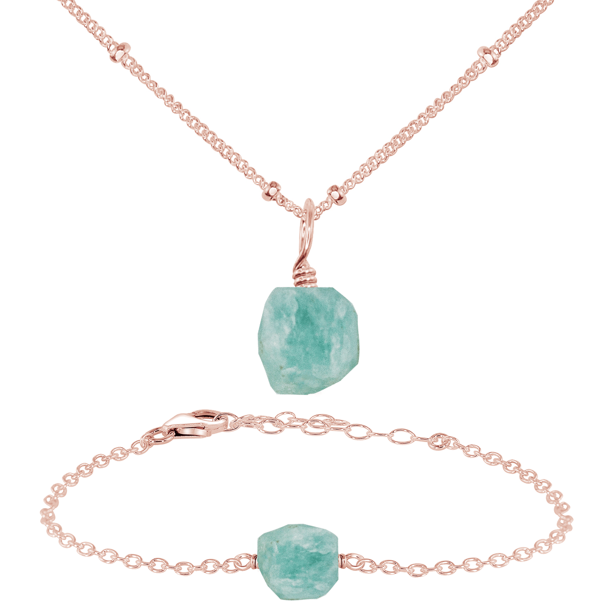 Raw Amazonite Crystal Necklace, Earrings and Bracelet Set - Raw Amazonite Crystal Necklace, Earrings and Bracelet Set - 14k Rose Gold Fill / Satellite / Necklace & Bracelet - Luna Tide Handmade Crystal Jewellery
