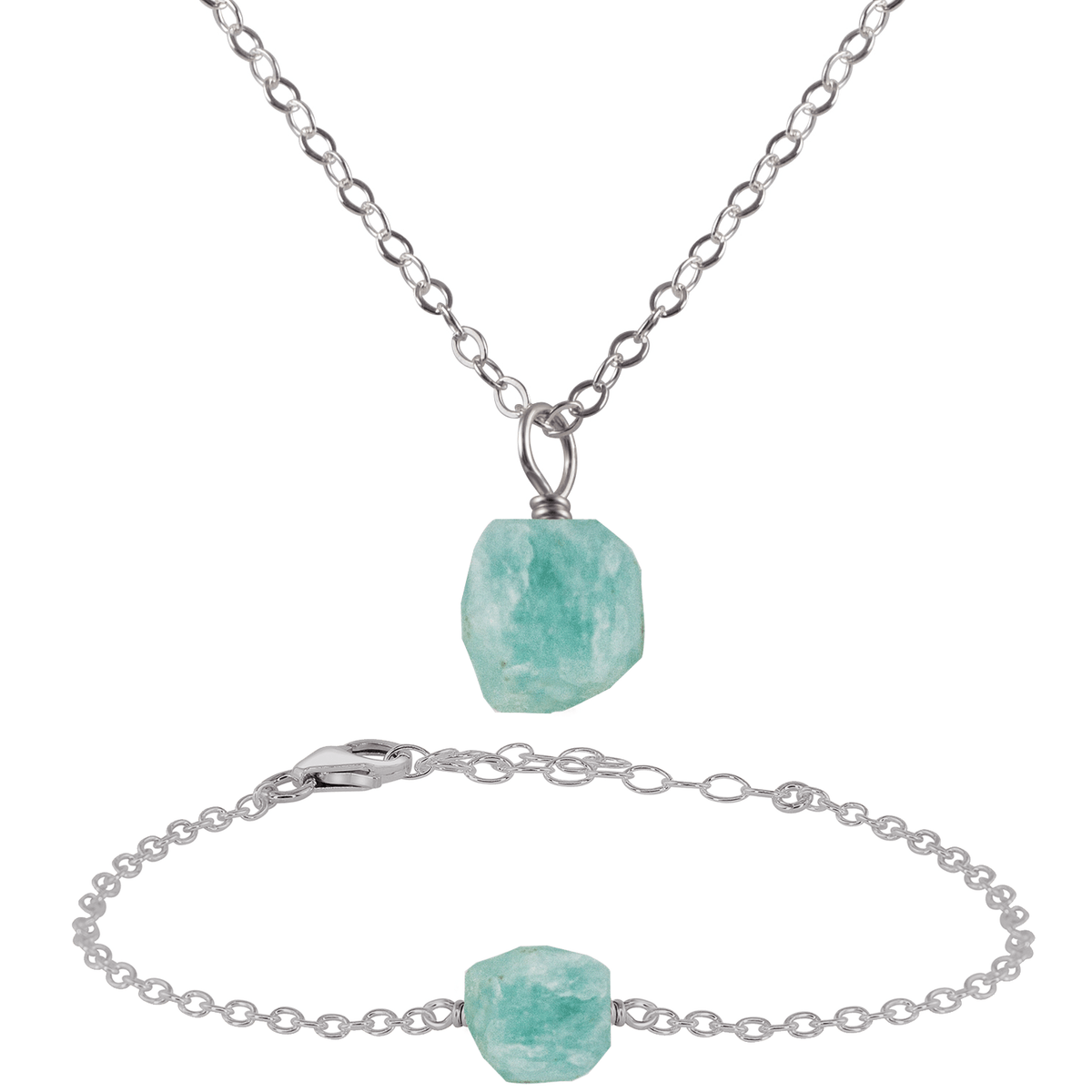 Raw Amazonite Crystal Necklace, Earrings and Bracelet Set - Raw Amazonite Crystal Necklace, Earrings and Bracelet Set - Sterling Silver / Satellite / Necklace & Bracelet - Luna Tide Handmade Crystal Jewellery