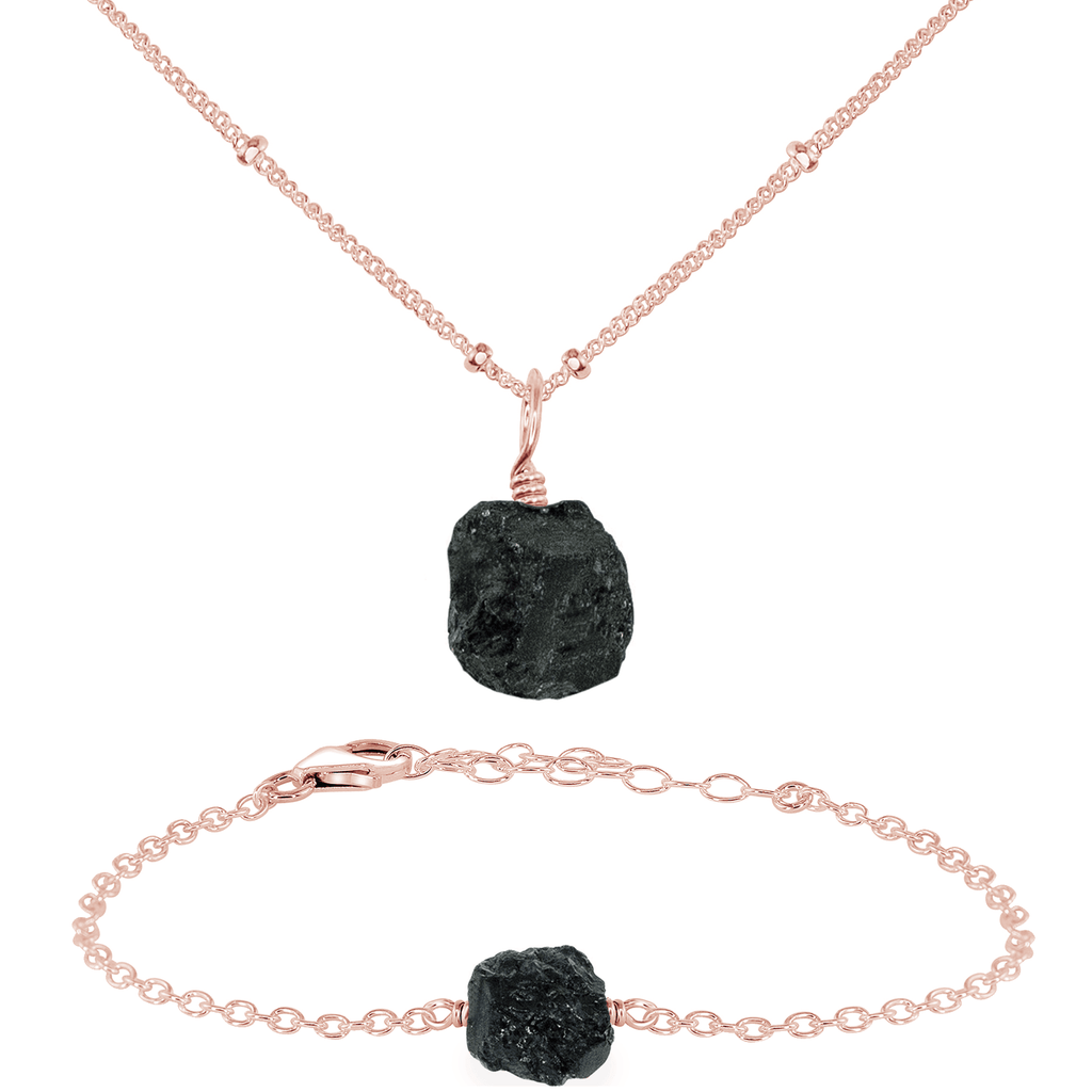 Raw Black Tourmaline Crystal Jewellery Set - Raw Black Tourmaline Crystal Jewellery Set - 14k Rose Gold Fill / Satellite / Necklace & Bracelet - Luna Tide Handmade Crystal Jewellery