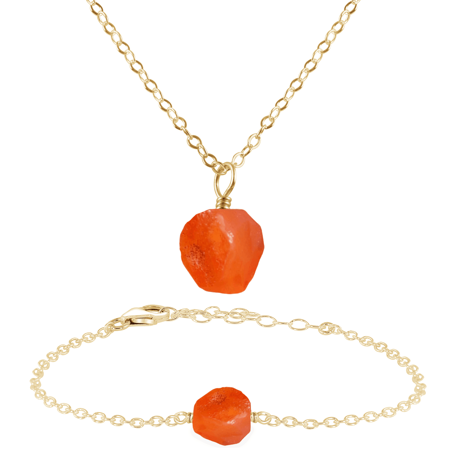 Raw Carnelian Crystal Jewellery Set - Raw Carnelian Crystal Jewellery Set - 14k Gold Fill / Cable / Necklace & Bracelet - Luna Tide Handmade Crystal Jewellery