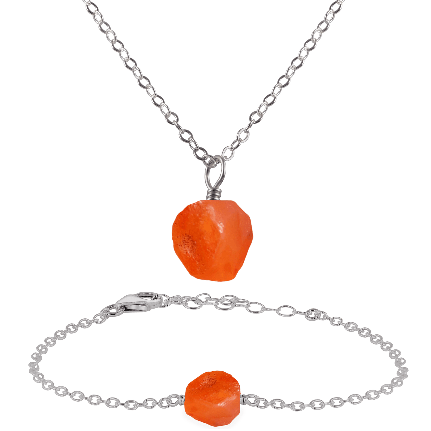 Raw Carnelian Crystal Jewellery Set - Raw Carnelian Crystal Jewellery Set - Stainless Steel / Cable / Necklace & Bracelet - Luna Tide Handmade Crystal Jewellery