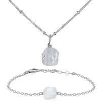 Raw Crystal Quartz Jewellery Set - Raw Crystal Quartz Jewellery Set - Stainless Steel / Satellite / Necklace & Bracelet - Luna Tide Handmade Crystal Jewellery
