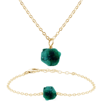 Raw Emerald Crystal Jewellery Set - Raw Emerald Crystal Jewellery Set - 14k Gold Fill / Cable / Necklace & Bracelet - Luna Tide Handmade Crystal Jewellery