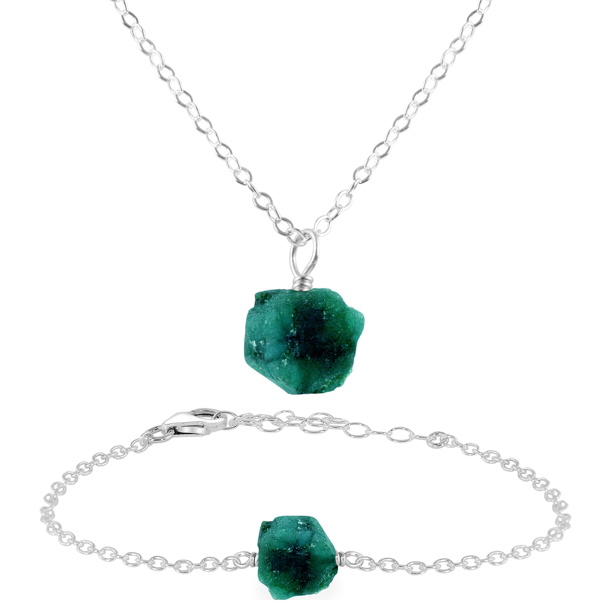 Raw Emerald Crystal Jewellery Set - Raw Emerald Crystal Jewellery Set - Sterling Silver / Cable / Necklace & Bracelet - Luna Tide Handmade Crystal Jewellery