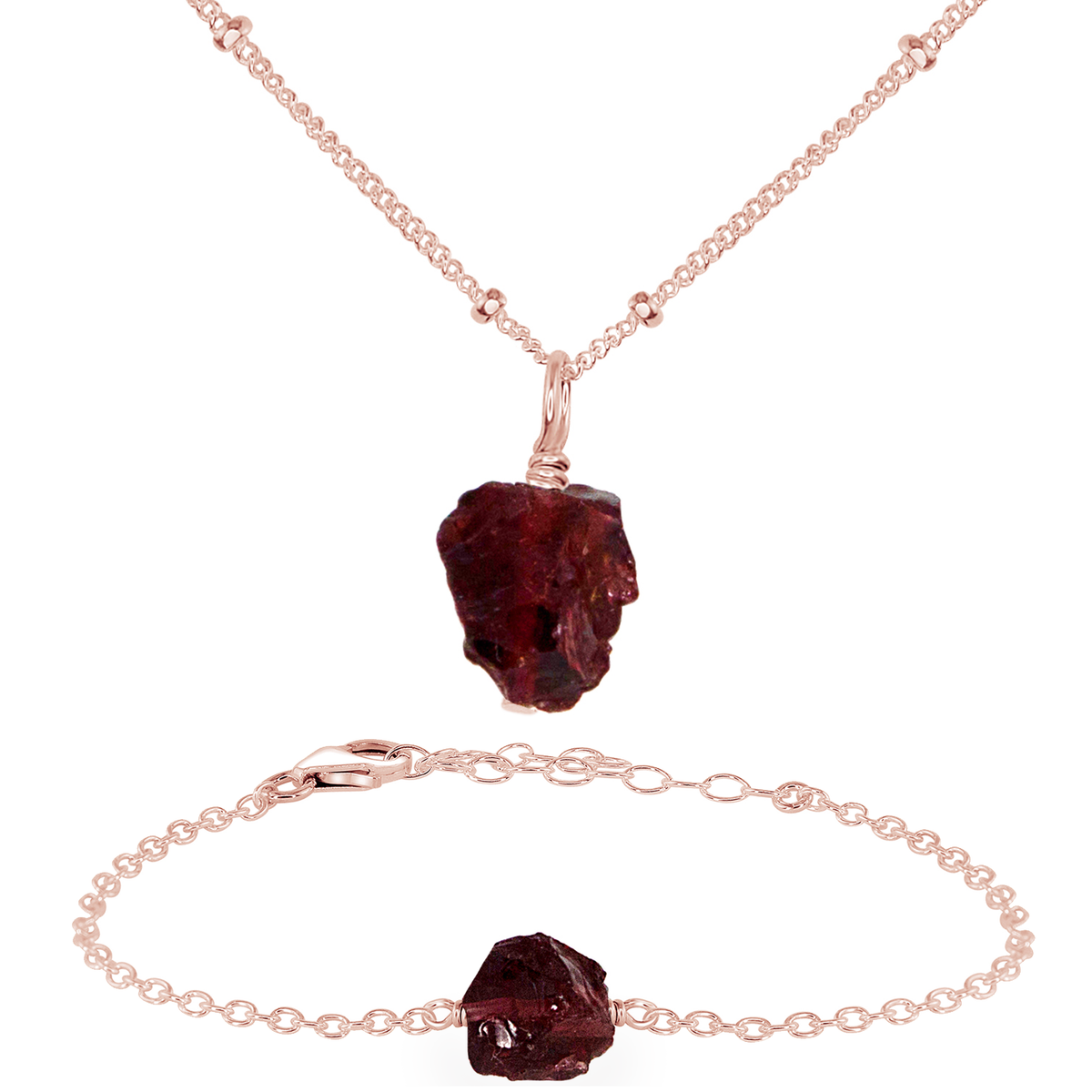 Raw Garnet Crystal Jewellery Set - Raw Garnet Crystal Jewellery Set - 14k Rose Gold Fill / Satellite / Necklace & Bracelet - Luna Tide Handmade Crystal Jewellery