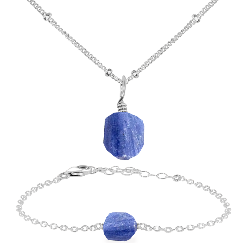 Raw Kyanite Crystal Jewellery Set - Raw Kyanite Crystal Jewellery Set - Sterling Silver / Satellite / Necklace & Bracelet - Luna Tide Handmade Crystal Jewellery