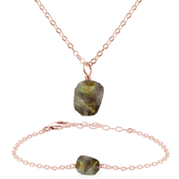 Raw Labradorite Crystal Jewellery Set - Raw Labradorite Crystal Jewellery Set - 14k Rose Gold Fill / Cable / Necklace & Bracelet - Luna Tide Handmade Crystal Jewellery