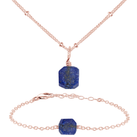 Raw Lapis Lazuli Crystal Jewellery Set - Raw Lapis Lazuli Crystal Jewellery Set - 14k Rose Gold Fill / Satellite / Necklace & Bracelet - Luna Tide Handmade Crystal Jewellery