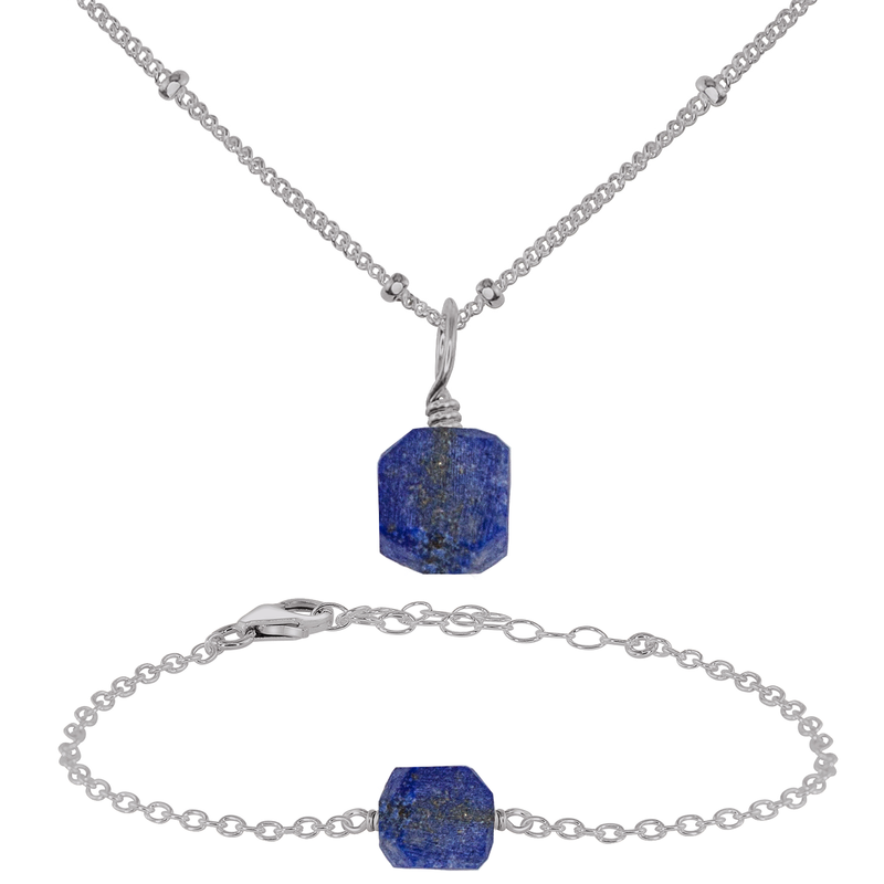 Raw Lapis Lazuli Crystal Jewellery Set - Raw Lapis Lazuli Crystal Jewellery Set - Stainless Steel / Satellite / Necklace & Bracelet - Luna Tide Handmade Crystal Jewellery