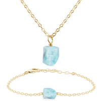 Raw Larimar Crystal Jewellery Set - Raw Larimar Crystal Jewellery Set - 14k Gold Fill / Cable / Necklace & Bracelet - Luna Tide Handmade Crystal Jewellery