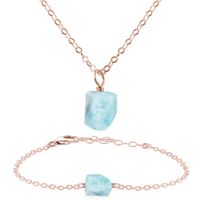 Raw Larimar Crystal Jewellery Set - Raw Larimar Crystal Jewellery Set - 14k Rose Gold Fill / Cable / Necklace & Bracelet - Luna Tide Handmade Crystal Jewellery