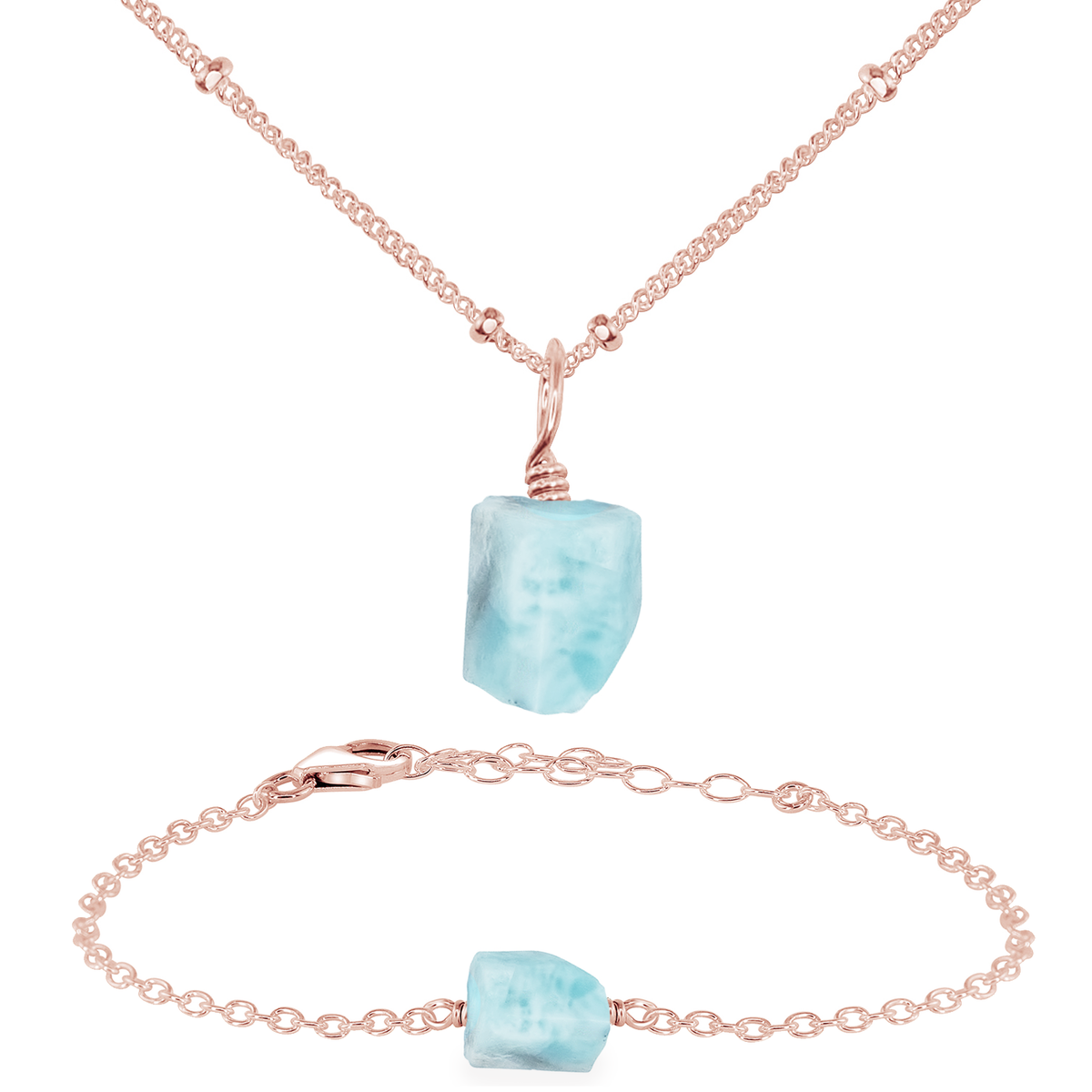 Raw Larimar Crystal Jewellery Set - Raw Larimar Crystal Jewellery Set - 14k Rose Gold Fill / Satellite / Necklace & Bracelet - Luna Tide Handmade Crystal Jewellery