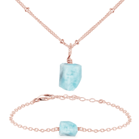 Raw Larimar Crystal Jewellery Set - Raw Larimar Crystal Jewellery Set - 14k Rose Gold Fill / Satellite / Necklace & Bracelet - Luna Tide Handmade Crystal Jewellery
