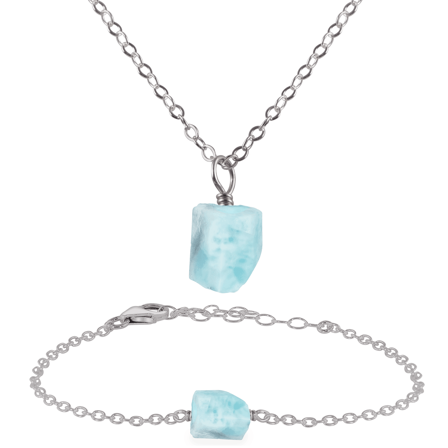 Raw Larimar Crystal Jewellery Set - Raw Larimar Crystal Jewellery Set - Stainless Steel / Cable / Necklace & Bracelet - Luna Tide Handmade Crystal Jewellery
