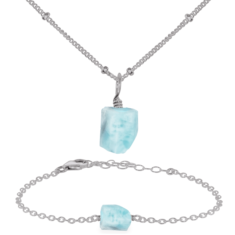 Raw Larimar Crystal Jewellery Set - Raw Larimar Crystal Jewellery Set - Stainless Steel / Satellite / Necklace & Bracelet - Luna Tide Handmade Crystal Jewellery