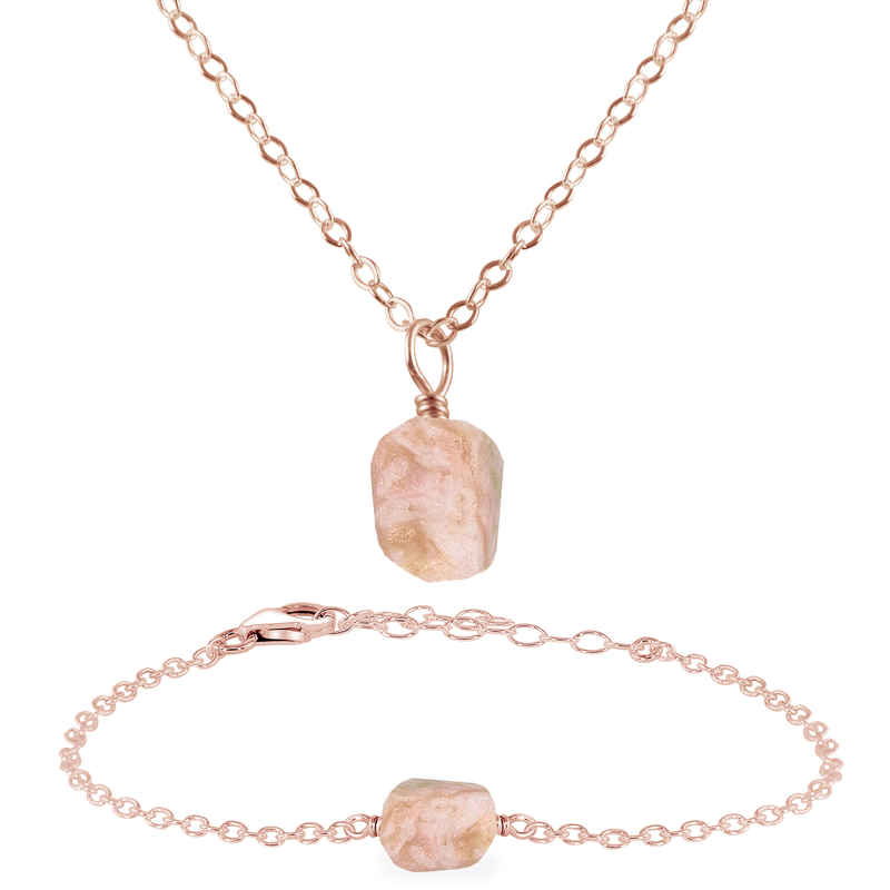 Raw Pink Peruvian Opal Crystal Jewellery Set - Raw Pink Peruvian Opal Crystal Jewellery Set - 14k Rose Gold Fill / Cable / Necklace & Bracelet - Luna Tide Handmade Crystal Jewellery