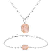 Raw Pink Peruvian Opal Crystal Jewellery Set - Raw Pink Peruvian Opal Crystal Jewellery Set - Sterling Silver / Cable / Necklace & Bracelet - Luna Tide Handmade Crystal Jewellery