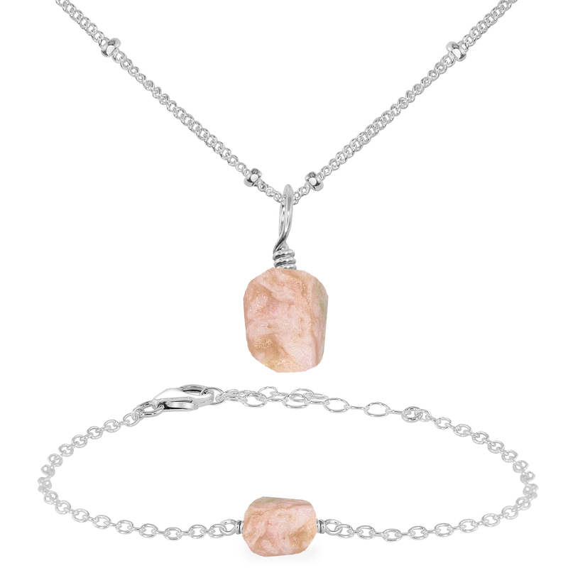 Raw Pink Peruvian Opal Crystal Jewellery Set - Raw Pink Peruvian Opal Crystal Jewellery Set - Sterling Silver / Satellite / Necklace & Bracelet - Luna Tide Handmade Crystal Jewellery