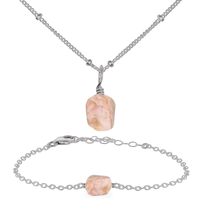 Raw Pink Peruvian Opal Crystal Jewellery Set - Raw Pink Peruvian Opal Crystal Jewellery Set - Stainless Steel / Satellite / Necklace & Bracelet - Luna Tide Handmade Crystal Jewellery